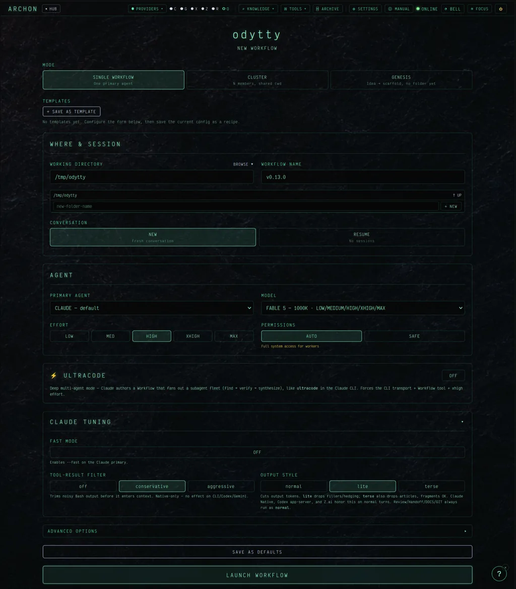 Archon coding workbench - cyberpunk web interface with tabbed multi-provider sessions