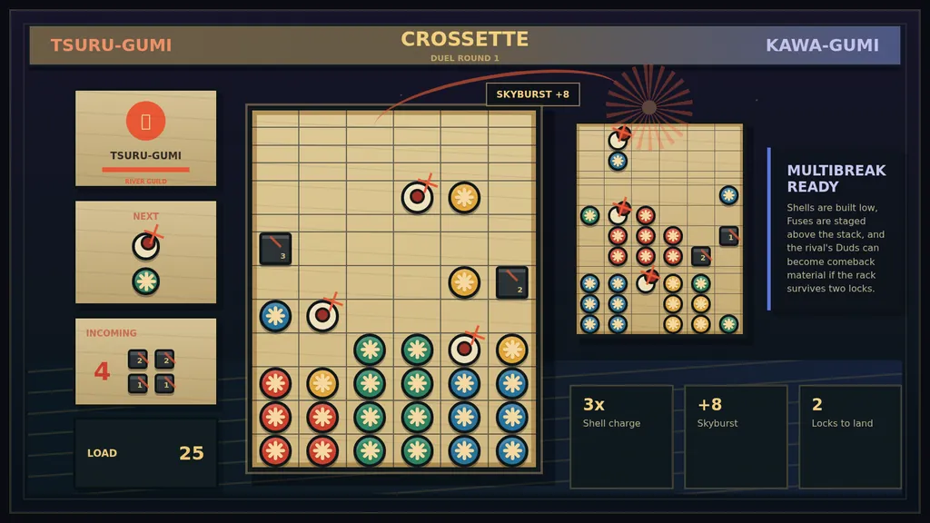 Crossette gameplay capture — fireworks puzzle-fighter prototype