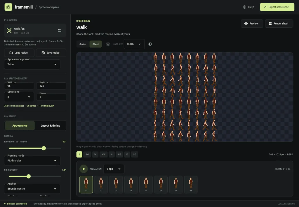 framemill workspace - an 8-direction walk sprite sheet rendered from a Mixamo character, with source, camera, and playback controls