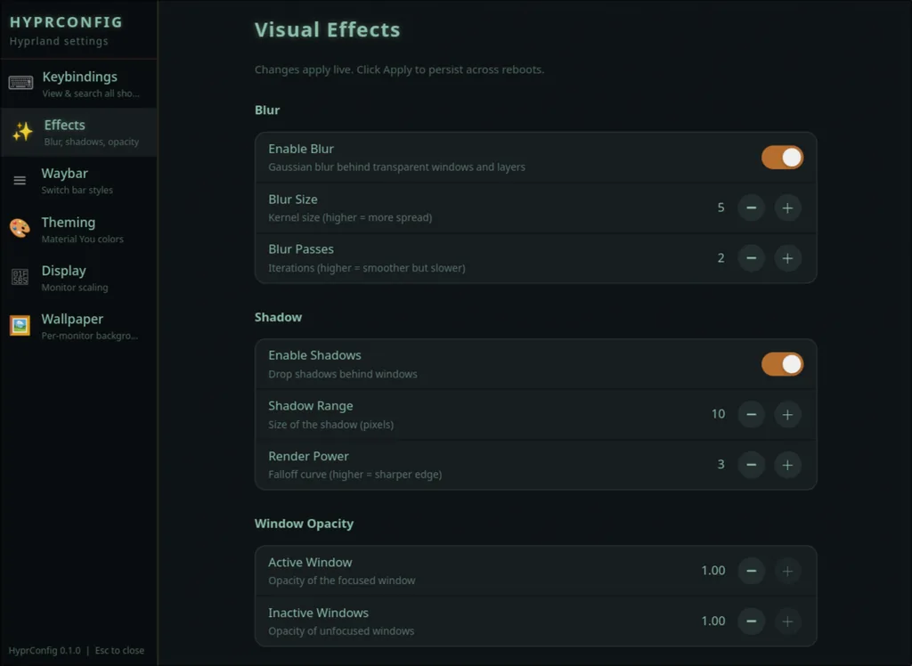 HyprConfig visual effects screen - live blur, shadow, and opacity controls for Hyprland