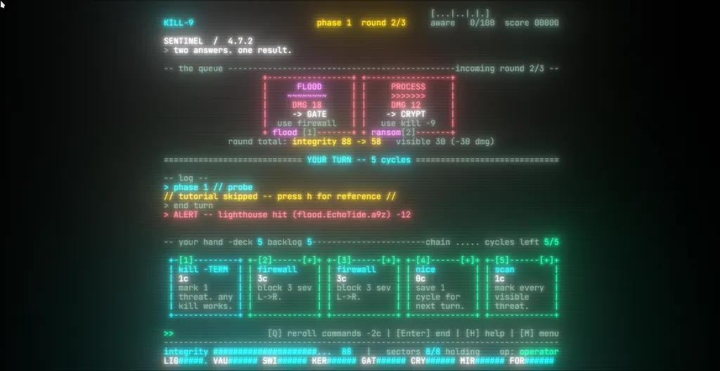 Kill-9 in-game capture — terminal card duel on the 80x40 text grid