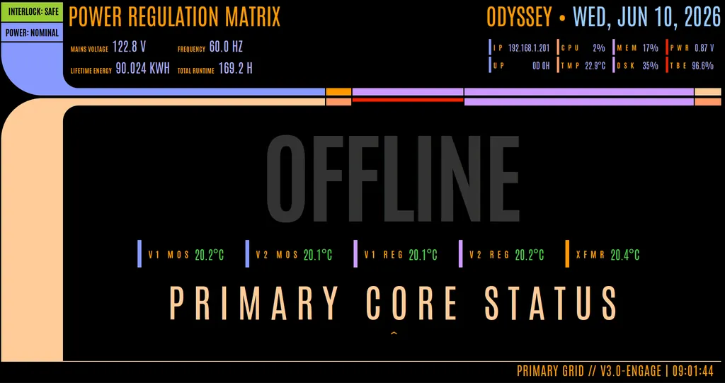Odyssey Control power panel — vacuum tube sequencing and telemetry display
