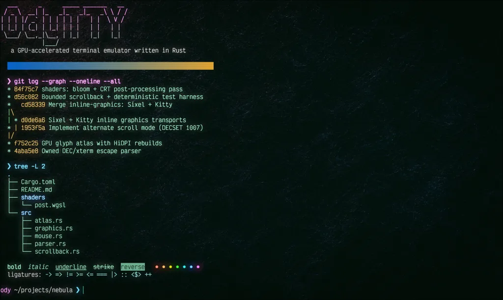 OdyTTY terminal emulator — colorized git graph, project tree, and truecolor gradients under the default Odyssey theme with bloom