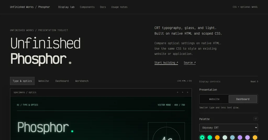 Unfinished Phosphor playground - CRT typography specimen with glowing Phosphor. text and display controls