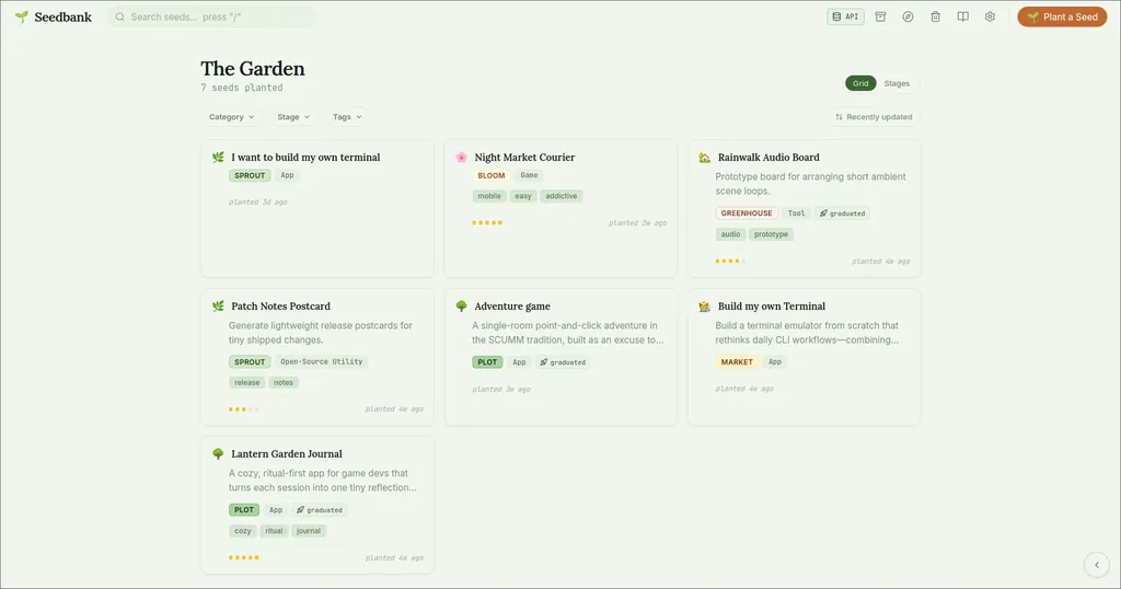 Seedbank interface — local-first idea vault with staged ideas