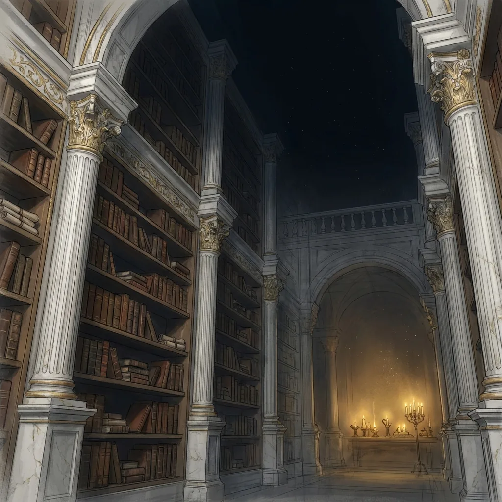 The Archive of Unfinished Thoughts — painted archive interior in VGA-era palette