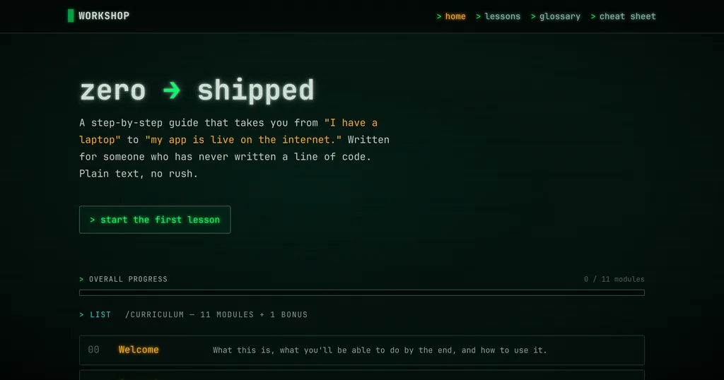 Workshop homepage - zero to shipped hero, start the first lesson, and the curriculum list